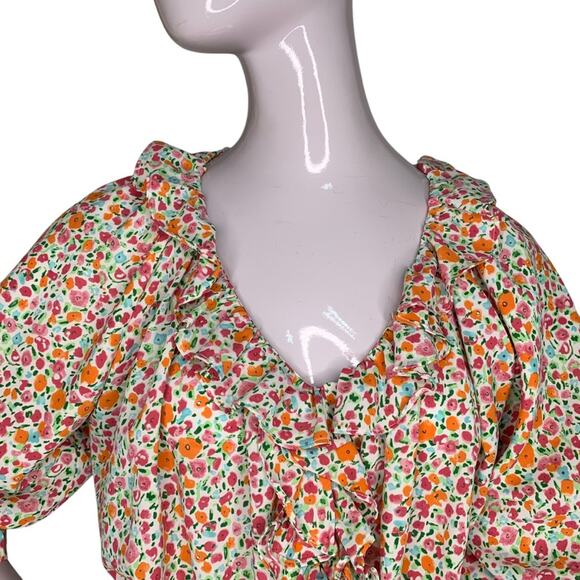 entro Peplum Blouse Multicolor Floral Print 3/4 Sleeve Ruffle V-Neck Size S - Picture 2 of 10